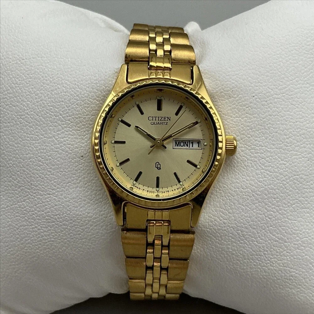 Vintage Citizen Women Watch 24mm Gold Tone Day Date 6000-077598 New Battery 5.5